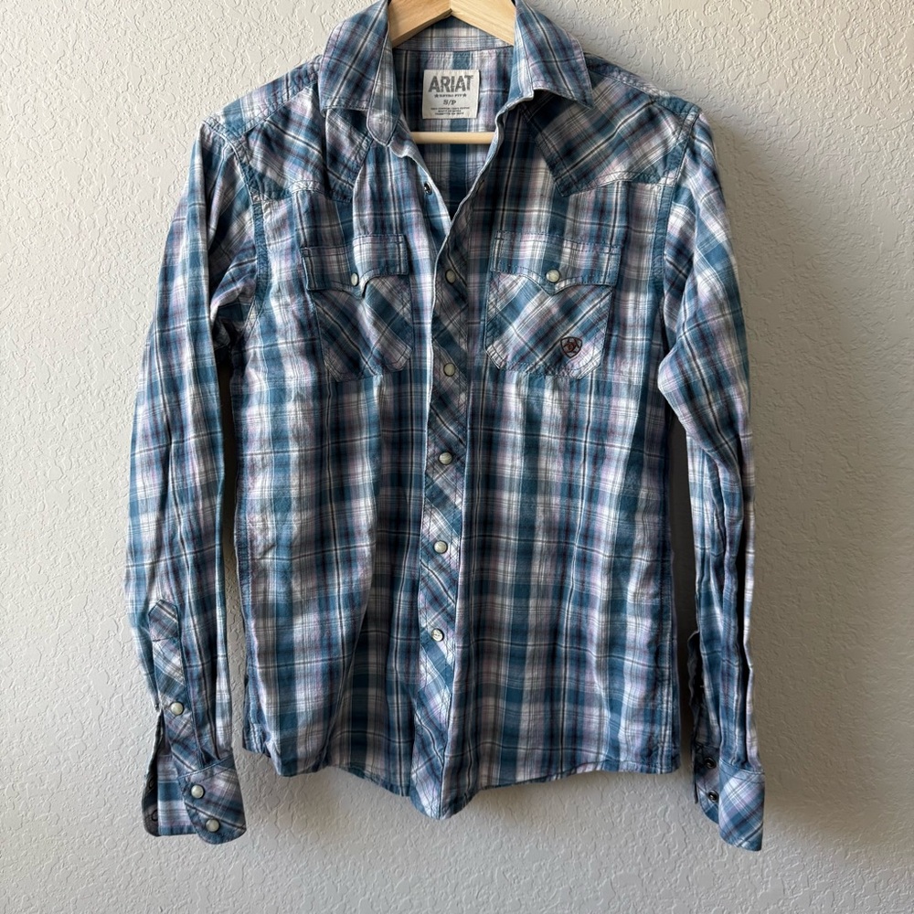 Ariat‎ Retro Fit Teal and White Plaid Pearl Button Down Shirt Size S